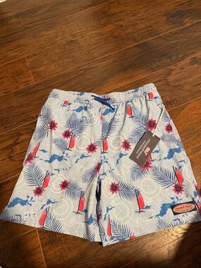 Vineyard Vines Light Blue Swim Shorts with Navy Palms and Red Sailboats